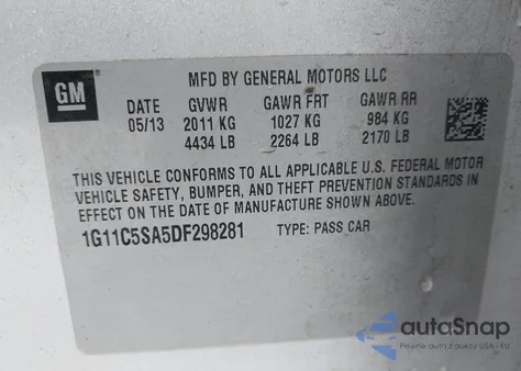 2013 Chevrolet Malibu Lt z USA, uszkodzony, nr VIN 1G11C5SA5DF298281